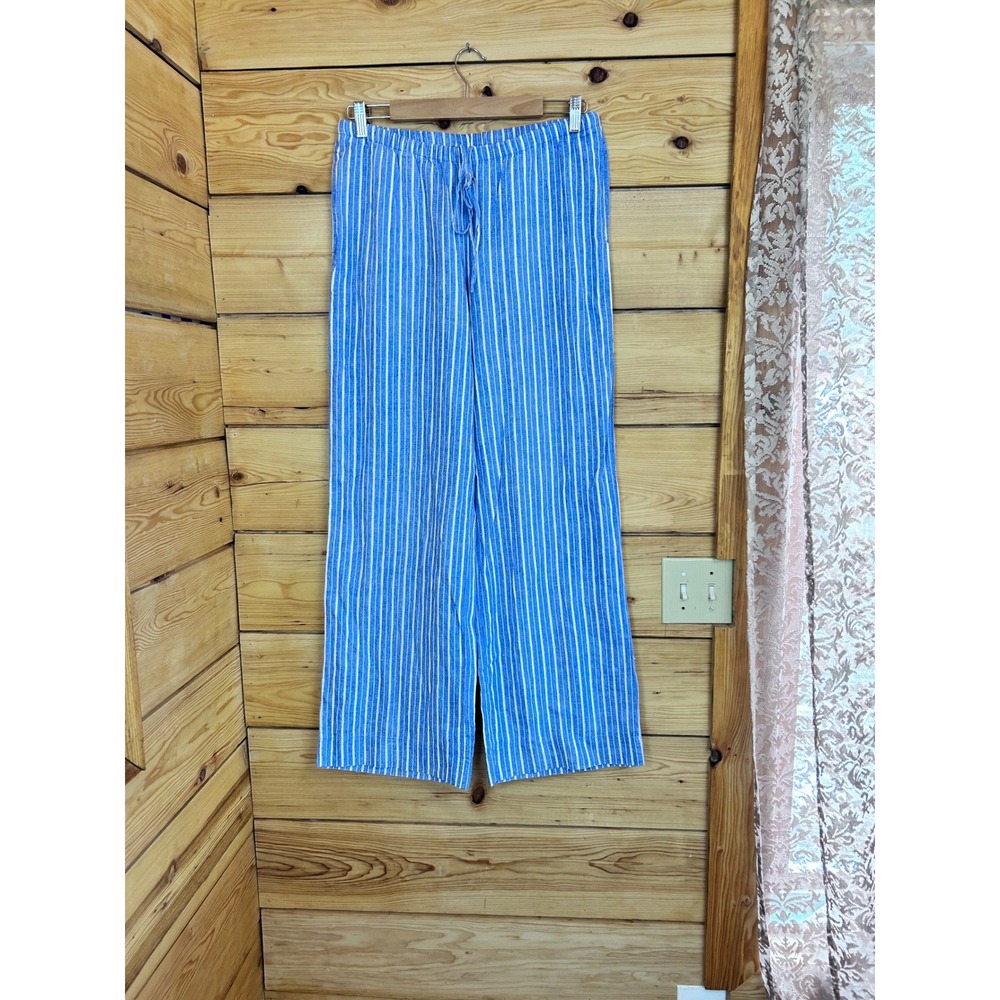 A New Day Linen Blend Striped Pants Small Blue White Wide Leg Coastal